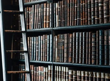 A tall bookshelf filled with old, leather-bound books, with a wooden ladder leaning against the shelves on the left side. The books are arranged closely together, creating a classic library atmosphere.