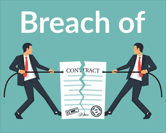 Illustration of two businessmen in suits pulling a rope in opposite directions, tearing a contract in half. The text "Breach of" appears at the top against a teal background.