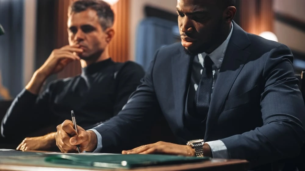 Two men sit at a table; one in a dark suit writes on paper while the other, dressed in black, sits next to him looking thoughtful with his hand on his chin. The setting appears formal, possibly in an office or courtroom.