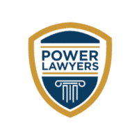 A blue and gold shield-shaped logo with the words "POWER LAWYERS" in bold blue letters and a stylized column below the text.