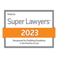 A badge with the words "Rated by Super Lawyers 2023" and "Recognized for Exhibiting Excellence in the Practice of Law" on a white and gray background with an orange banner showing the year 2023.