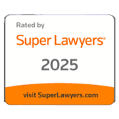 A badge reads "Rated by Super Lawyers 2025" in orange and gray text, with "visit SuperLawyers.com" at the bottom on an orange background.