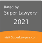 Badge with gray and orange background reads: "Rated by Super Lawyers® 2021" and "visit SuperLawyers.com" at the bottom.