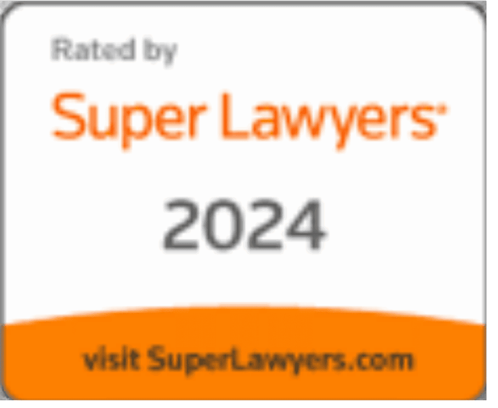 A badge displaying "Rated by Super Lawyers 2024" with "visit SuperLawyers.com" at the bottom on an orange background.