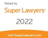 A badge stating "Rated by Super Lawyers 2022" in orange and gray text, with "visit SuperLawyers.com" at the bottom on an orange background.
