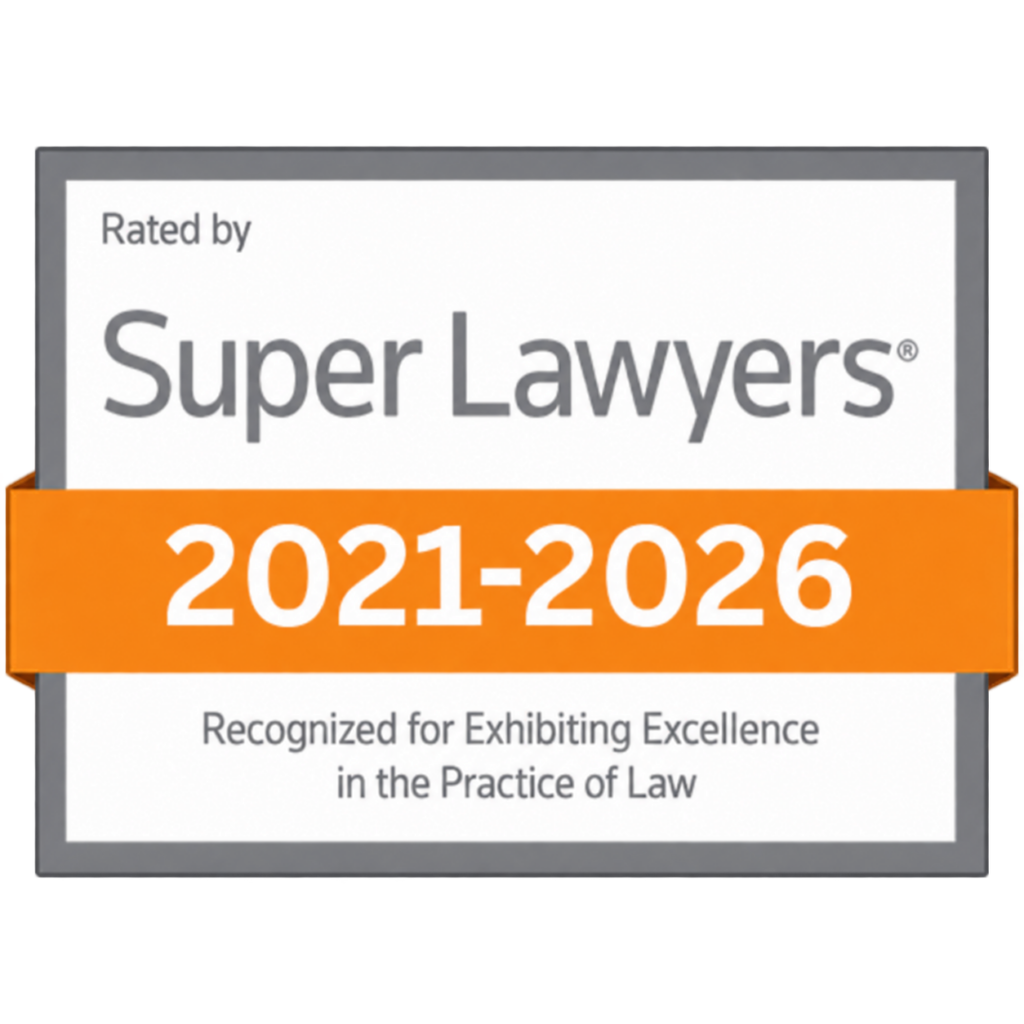 The 2021-2026 Super Lawyers badge recognizing excellence in the practice of law.